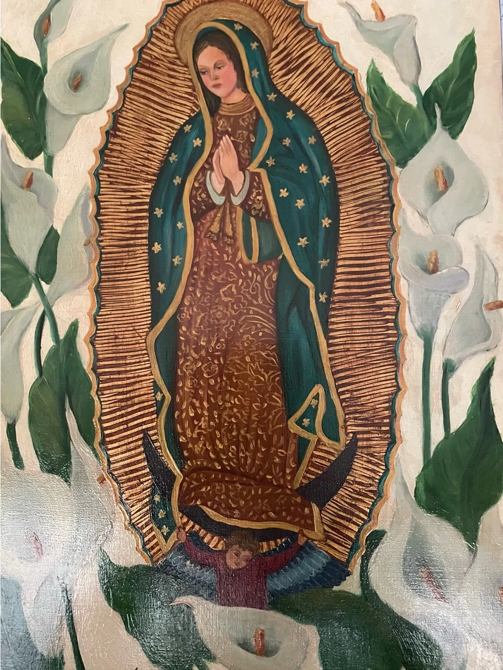 Claudia Garcia-Mexican folk art artist-our lady of Guadalupe-oil on wood-signed